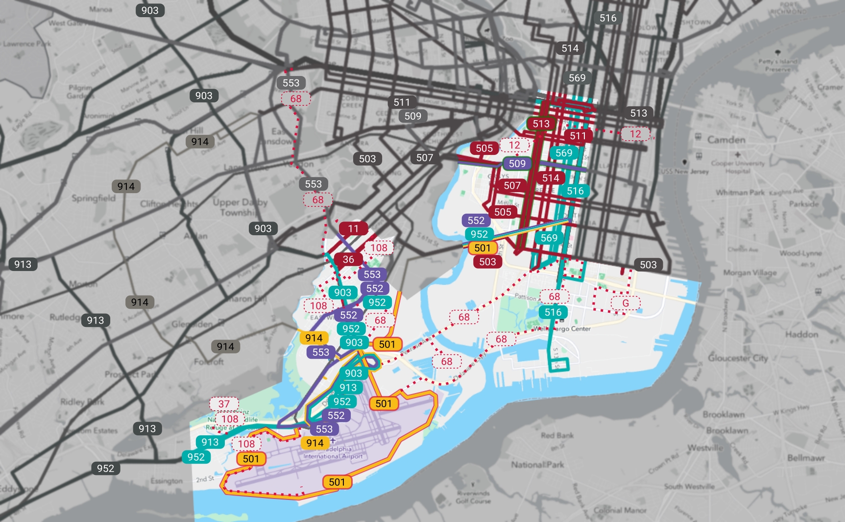 Council District 2 map. Eliminated bus lines are dotted red.