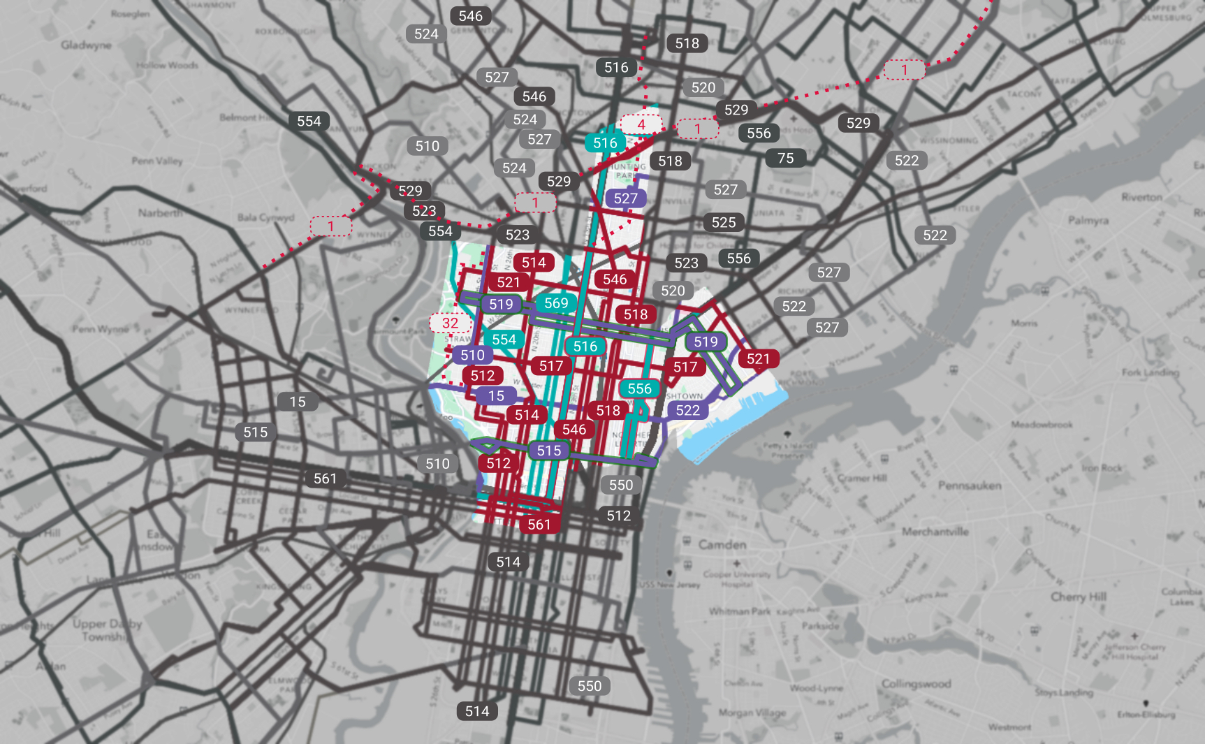Council District 5 map. Eliminated bus lines are dotted red.